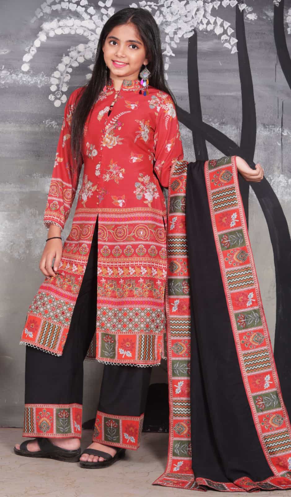 Red Heavy Muslin Printed Kurti Set