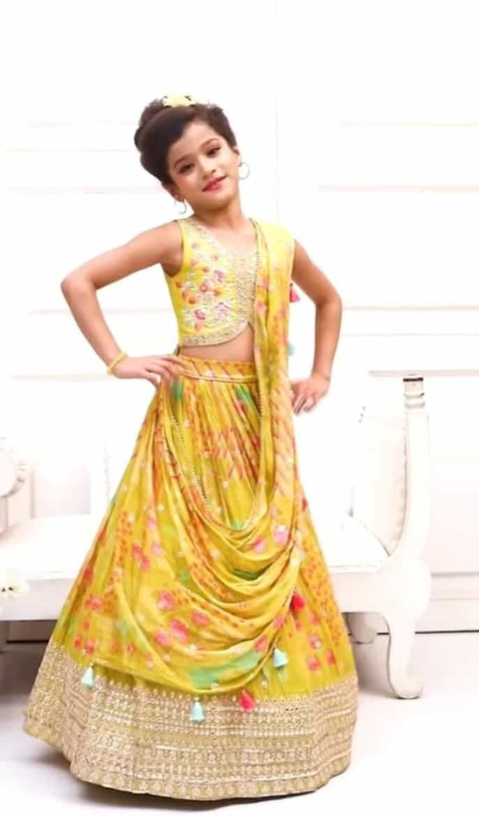 Girls' Yellow Chinnon Silk Lehenga Set