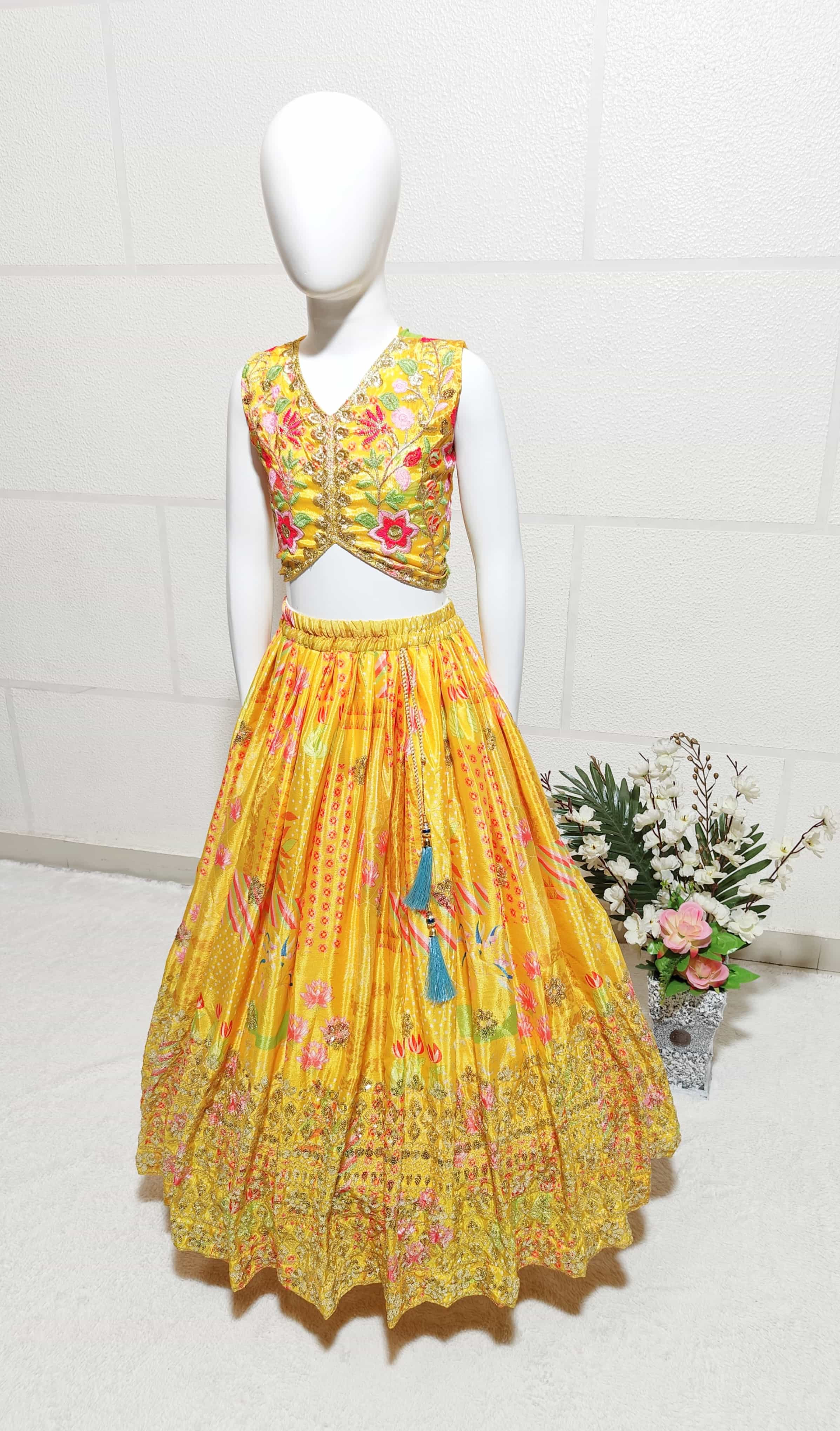 Embroidered Chinnon Silk Lehenga for Kids with Digital Print Dupatta