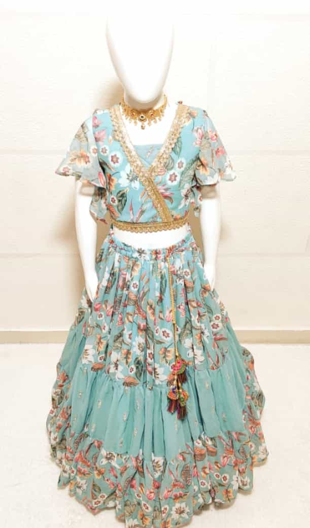 Girls' Sea Blue Faux Georgette Lehenga Set 