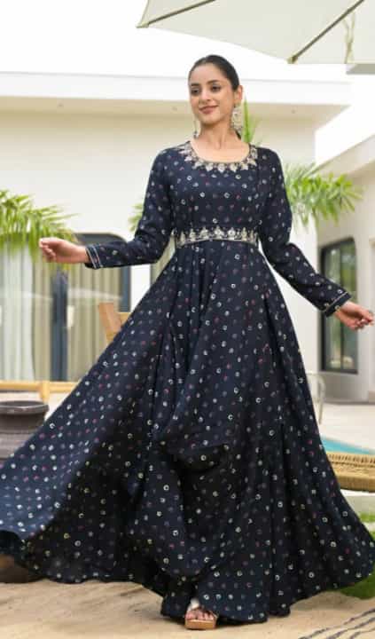 Navy Blue Bandhani Print Anarkali Dress with Belt 
