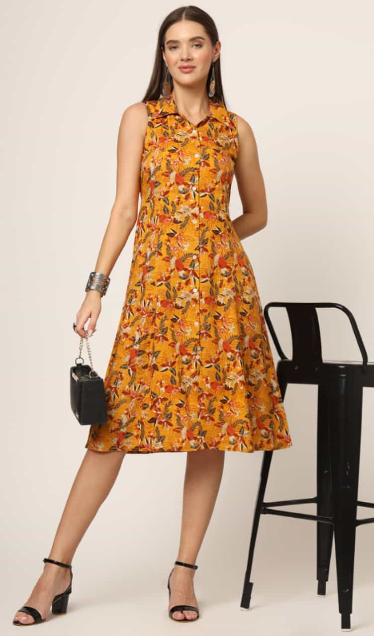Elegant Yellow Midi Dress – Button-Down Floral Shirt Style