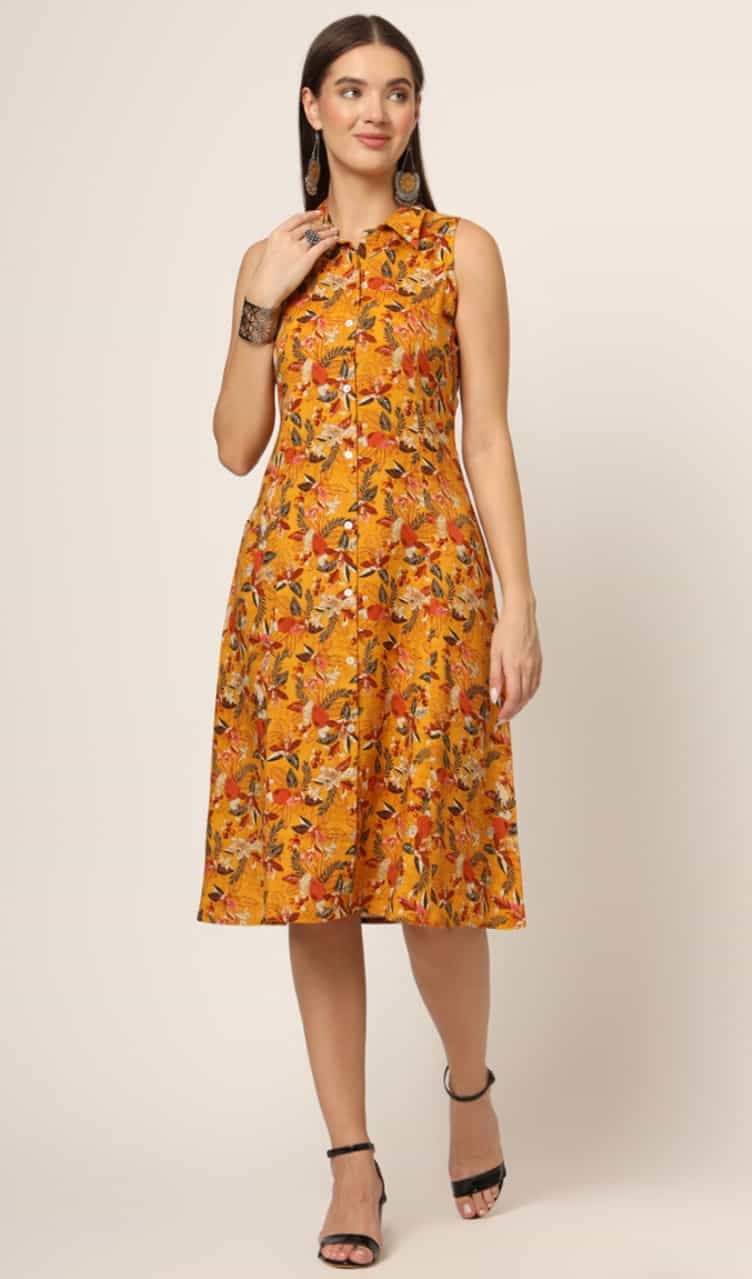 Yellow Floral Print Shirt Dress