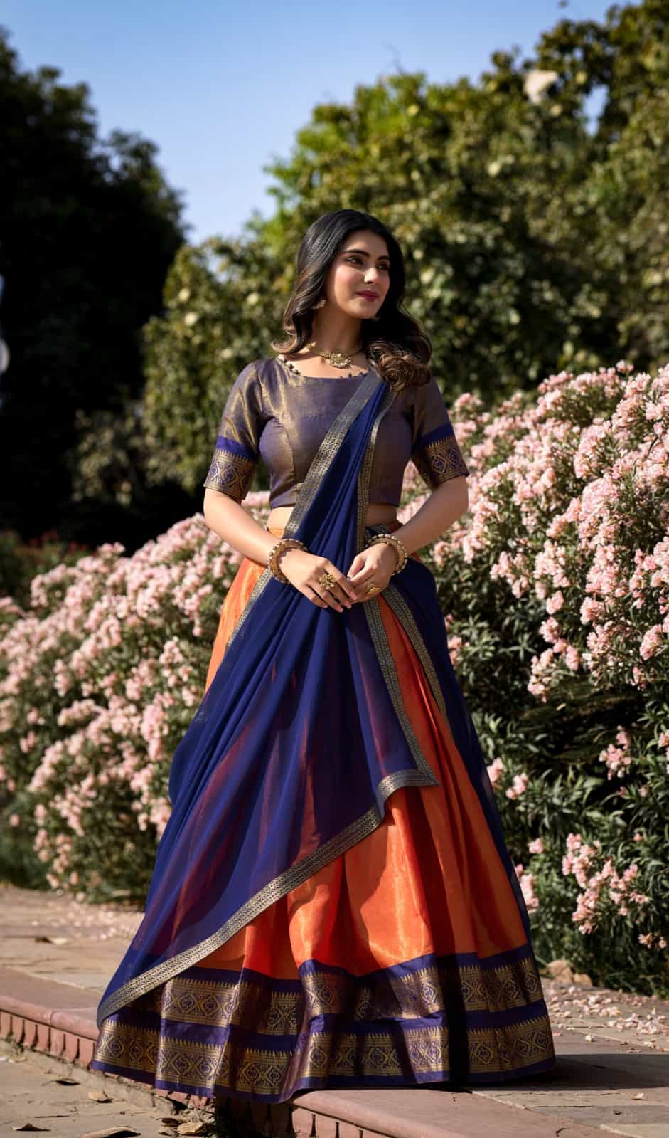 vermillion kanchipuram silk lehenga with zari weaving