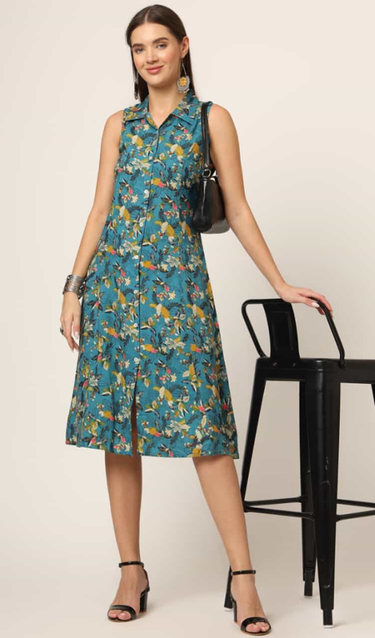 Teal Floral Print Shirt Dress – Sleeveless Midi with Flared Hem