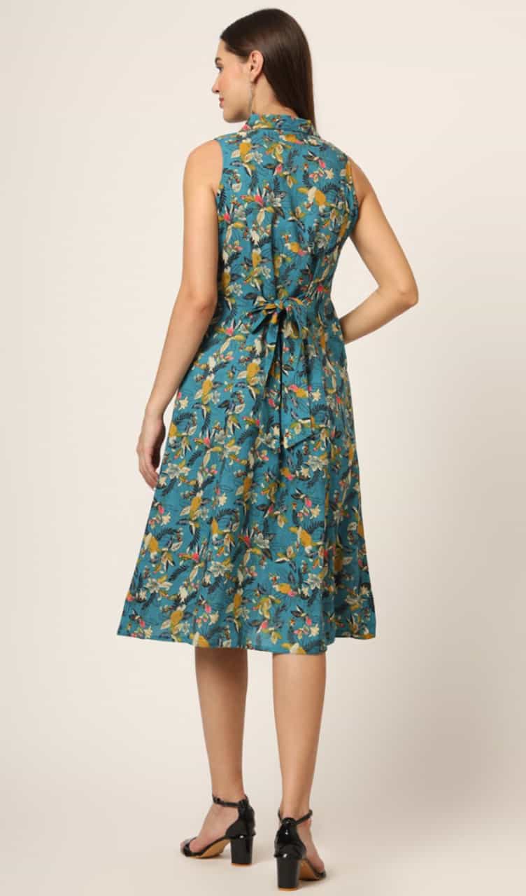 Elegant Teal Midi Dress – Button-Down Floral Shirt Style