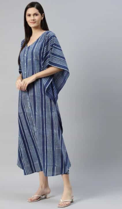 Navy Blue Kaftan Dress – V-Neck & Flared Sleeves