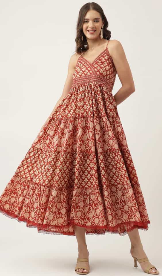 Maroon Cotton Midi Dress – Sleeveless with Smocked Back