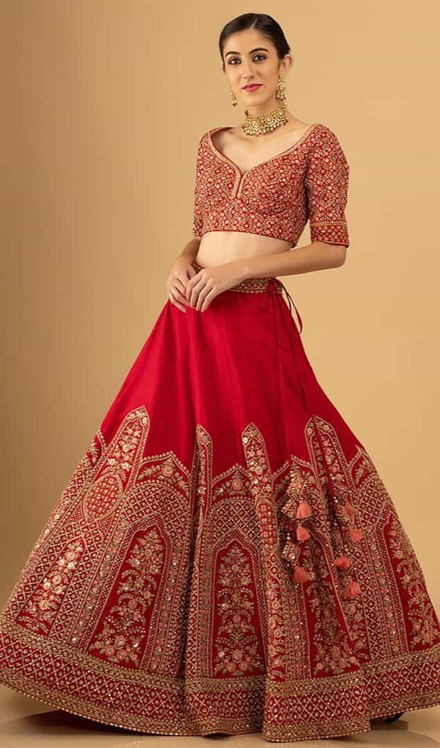 semi-stitched red lehenga choli with net dupatta