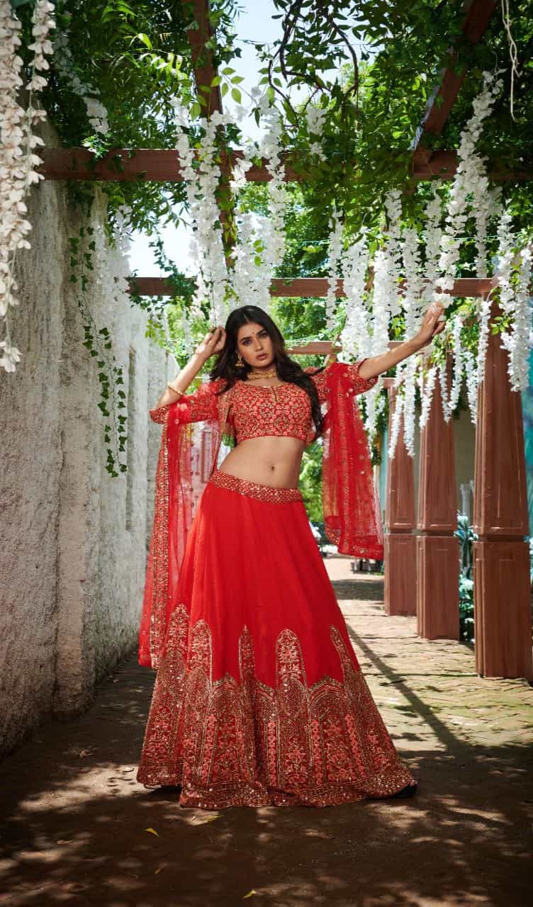red georgette lehenga with embroidery and sequence work