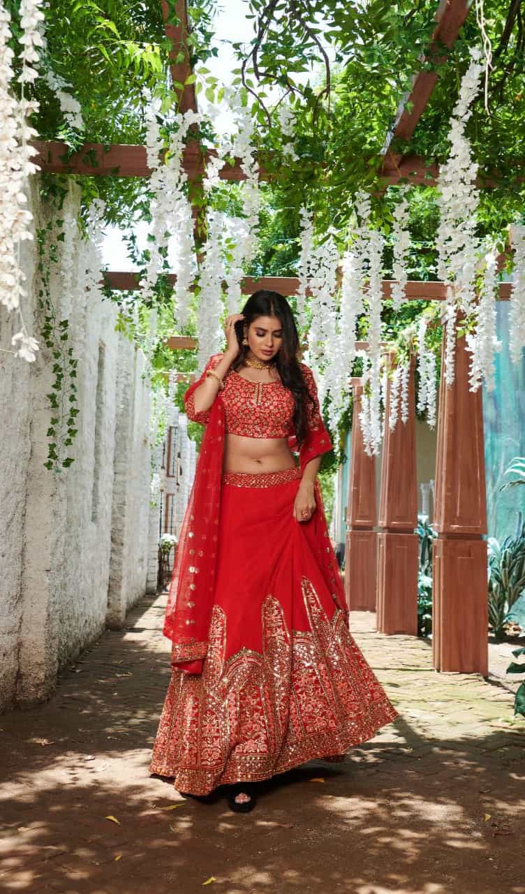 designer red lehenga with cancan flare and lace border dupatta