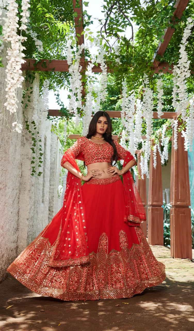 red georgette lehenga set for weddings and festive occasions