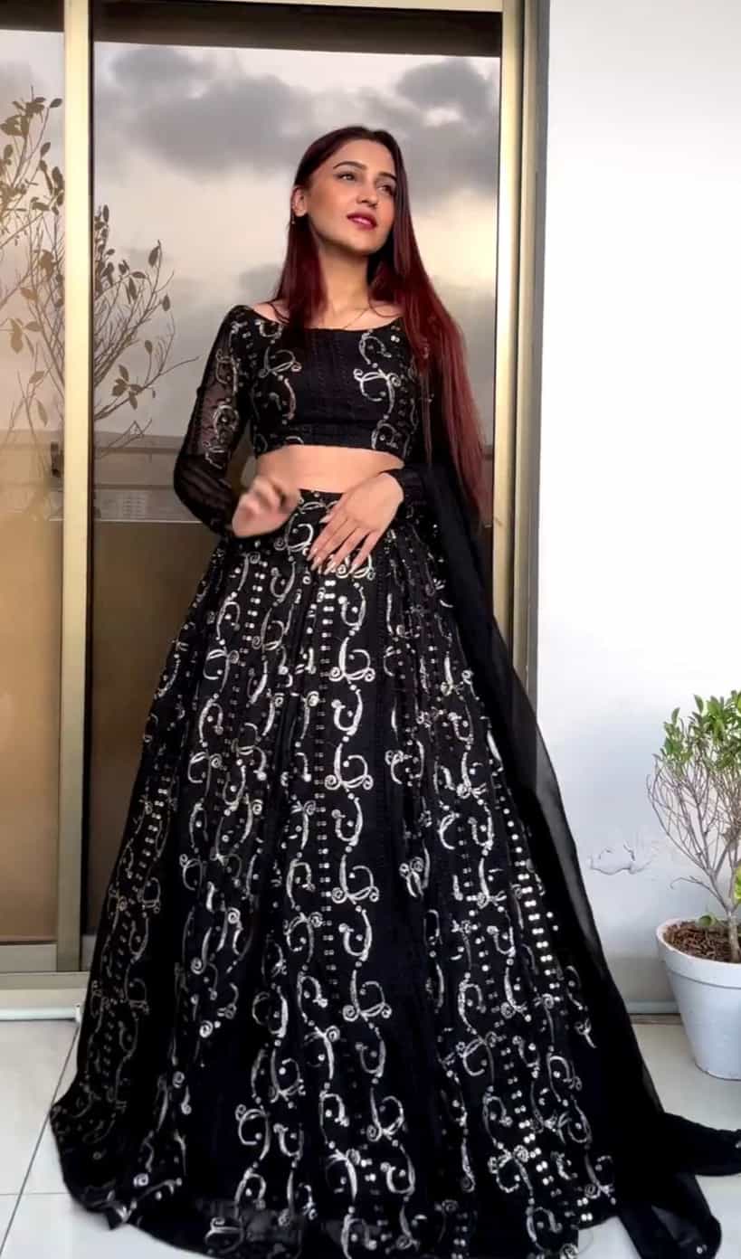 semi-stitched black lehenga choli with coin lace dupatta