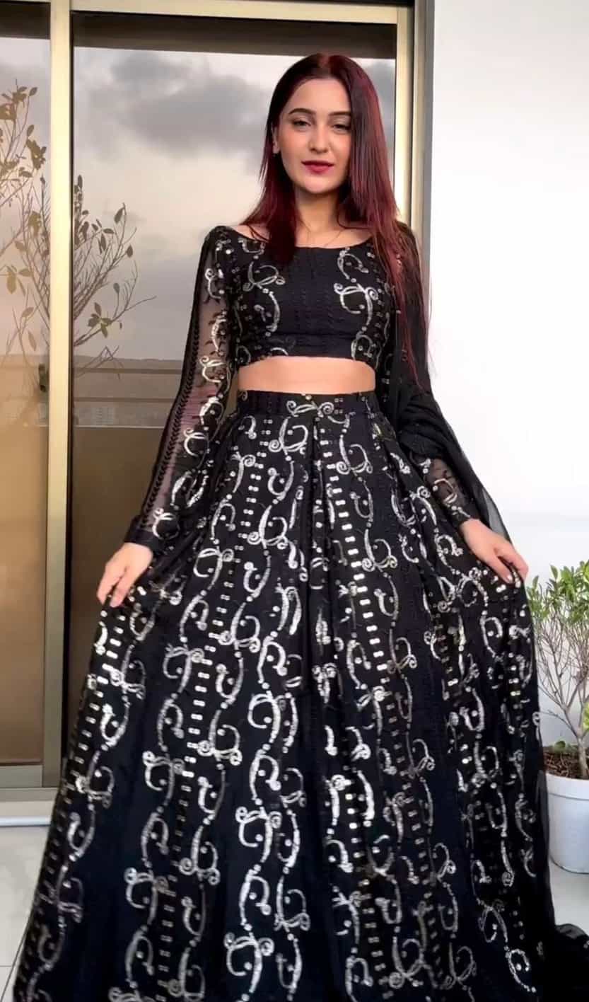 black faux georgette lehenga with thread and sequence work