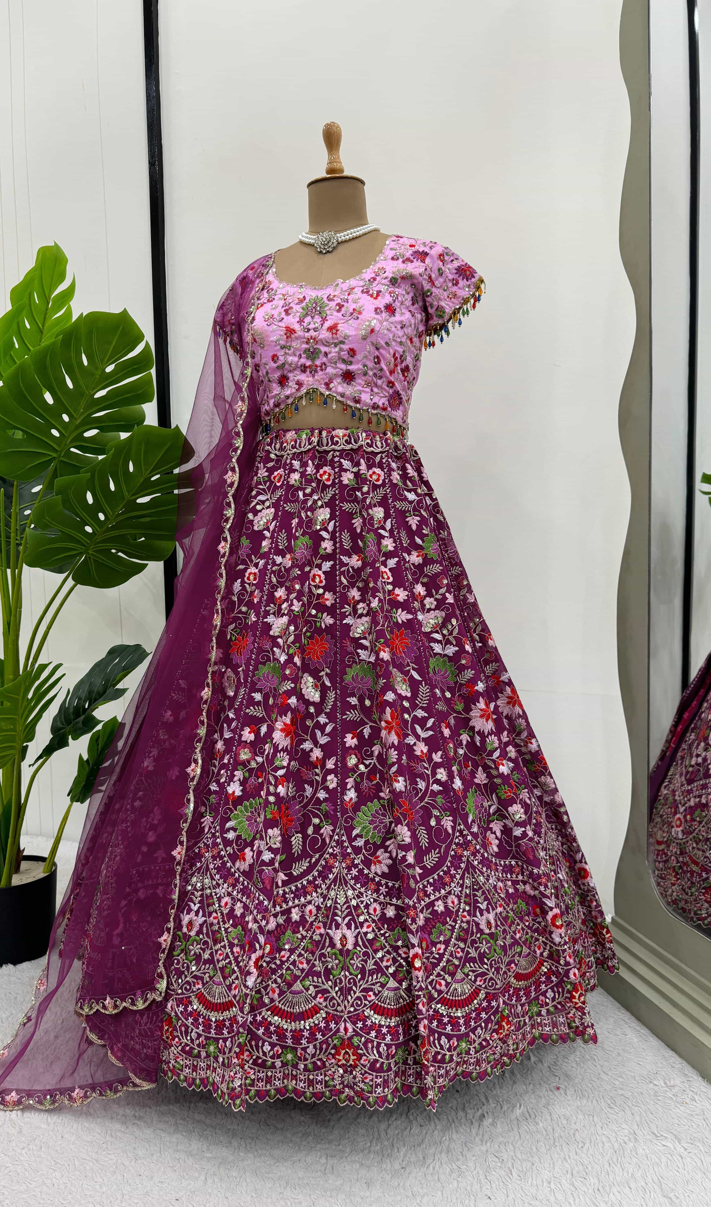 wine faux georgette lehenga choli with sequence work