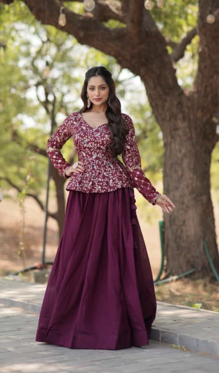 wine shimmer Vichitra lehenga set