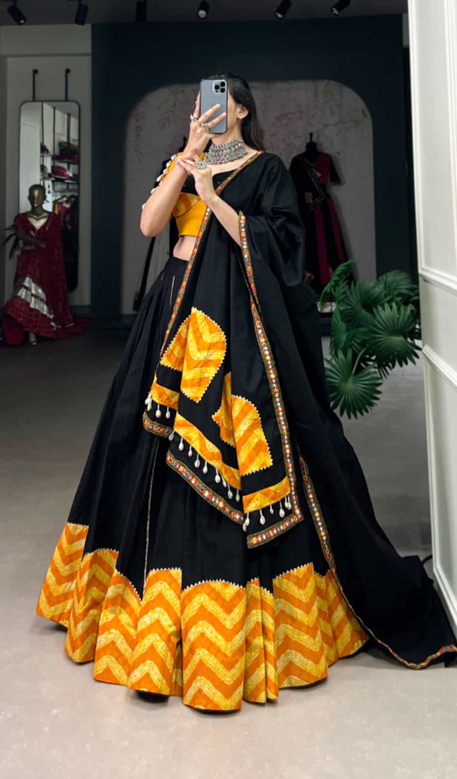 Black lehenga with printed design