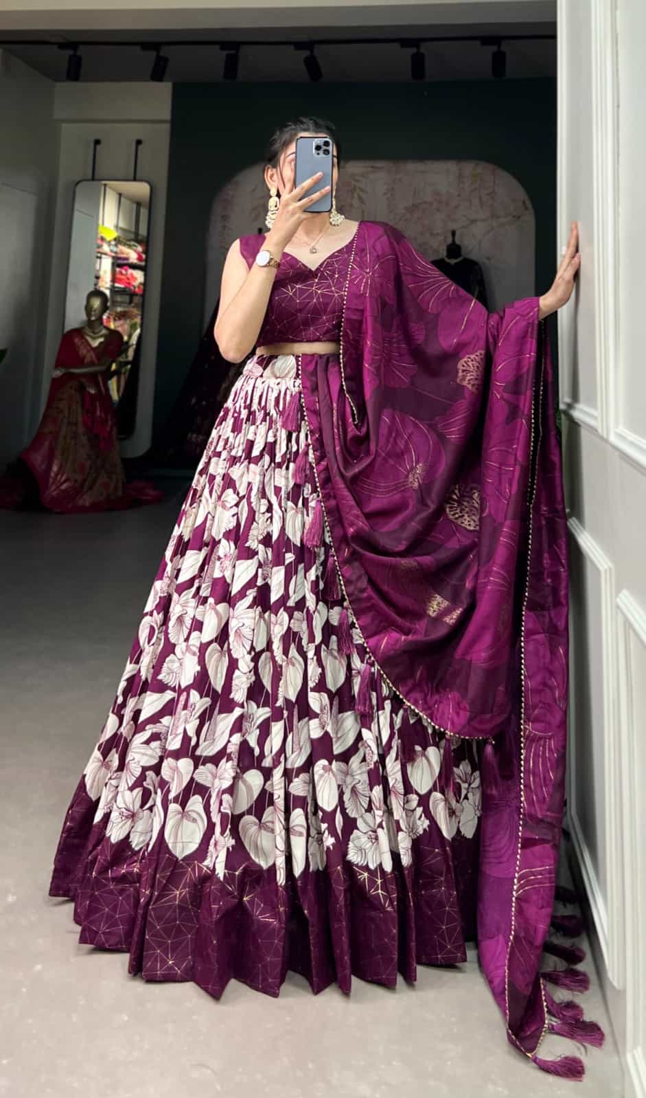 Wine Tussar Silk Lehenga with Floral Foil Print