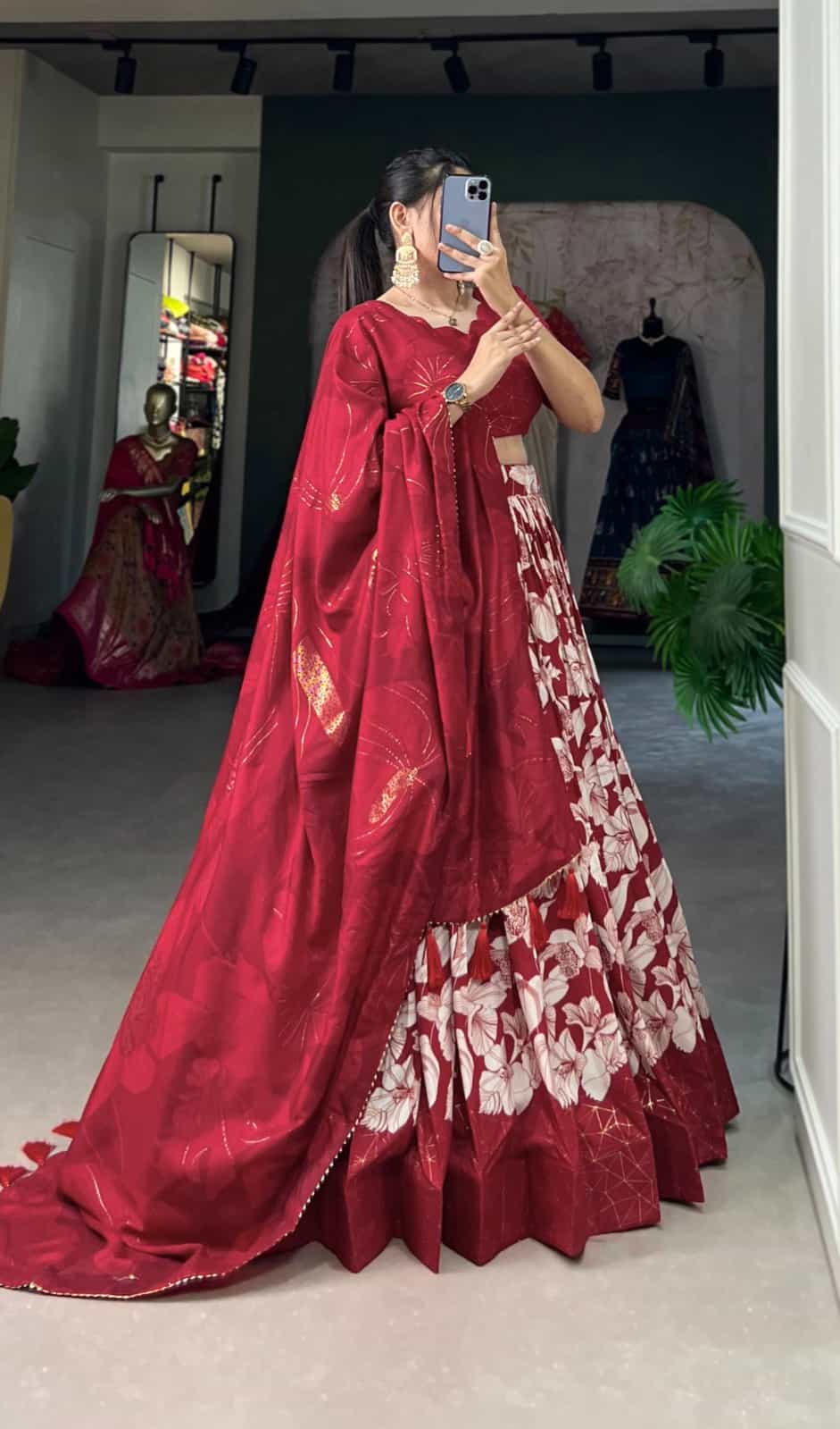 Red Floral Print Lehenga with Can-Can Support