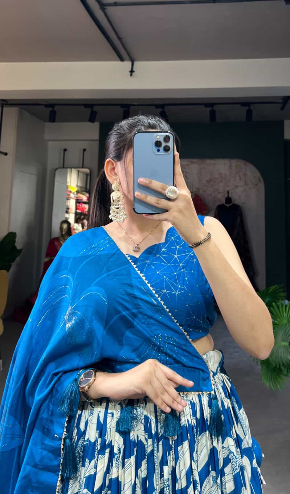 azure blue Tussar Silk Lehenga with Floral Foil Print