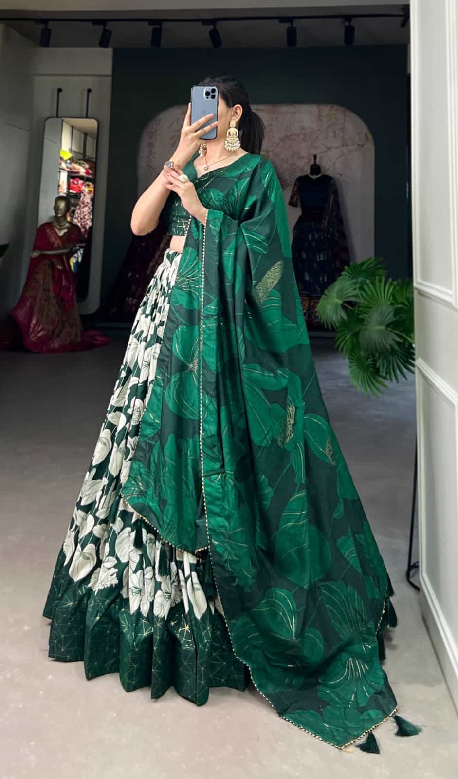 dark green Tussar Silk Lehenga with Floral Foil Print