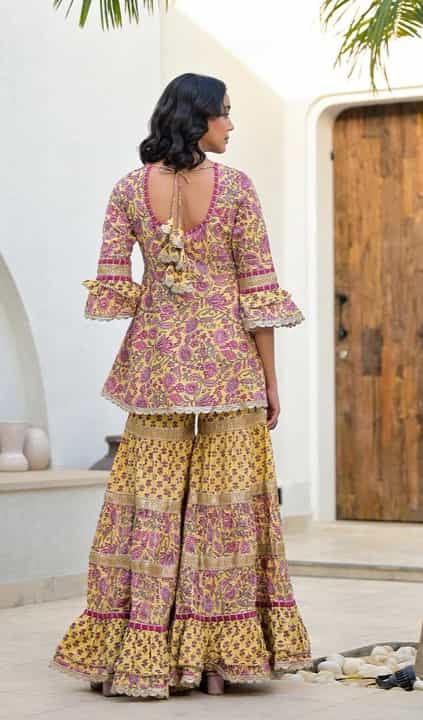 yellow floral kurta with palazzo and dupatta