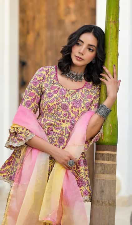 light yellow floral printed a-line kurta set