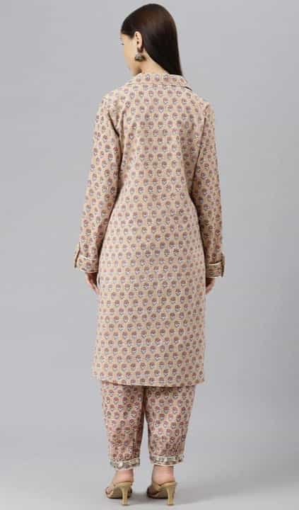 beige shirt collar kurta with cuffed pants