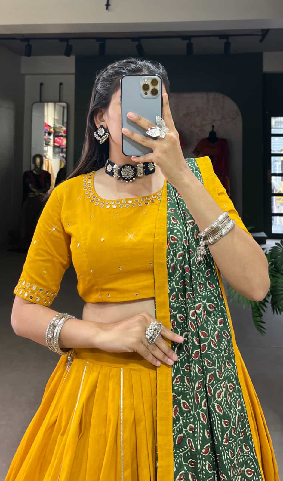 Cotton Lehenga with Real Mirror Work Blouse