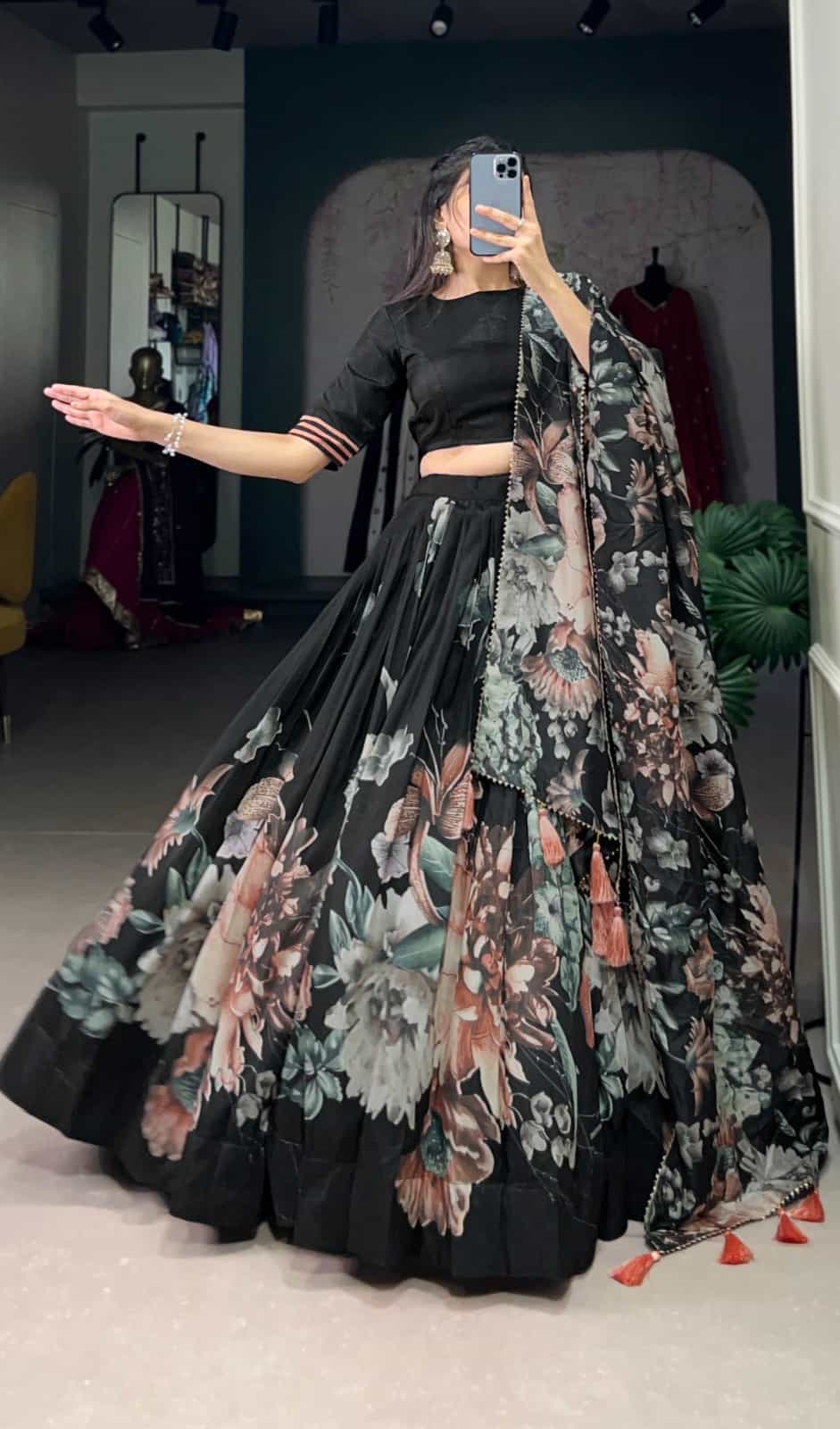 Black Tussar Silk Lehenga with Can-Can