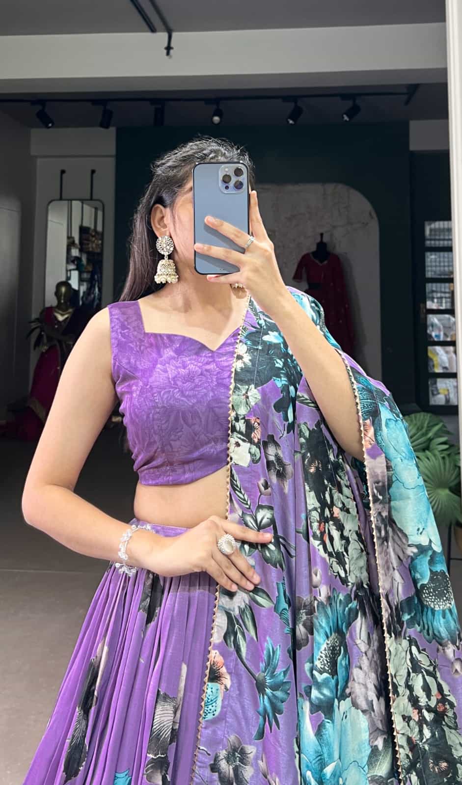 Lavender Floral Print Lehenga with Tassels