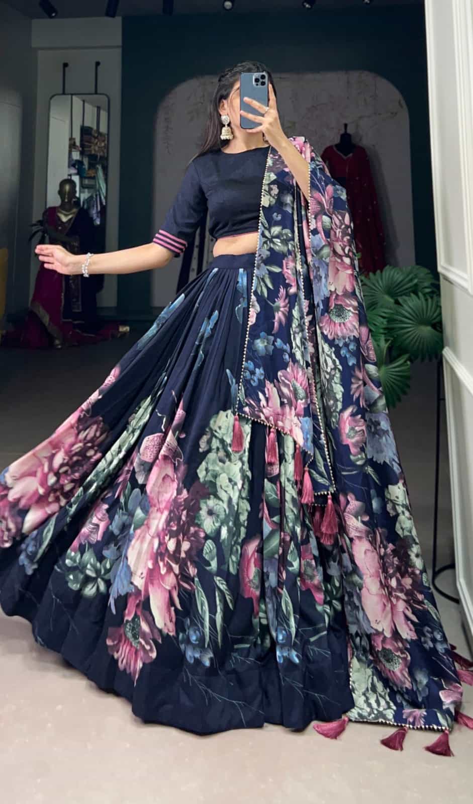 Navy Blue Tussar Silk Lehenga Set