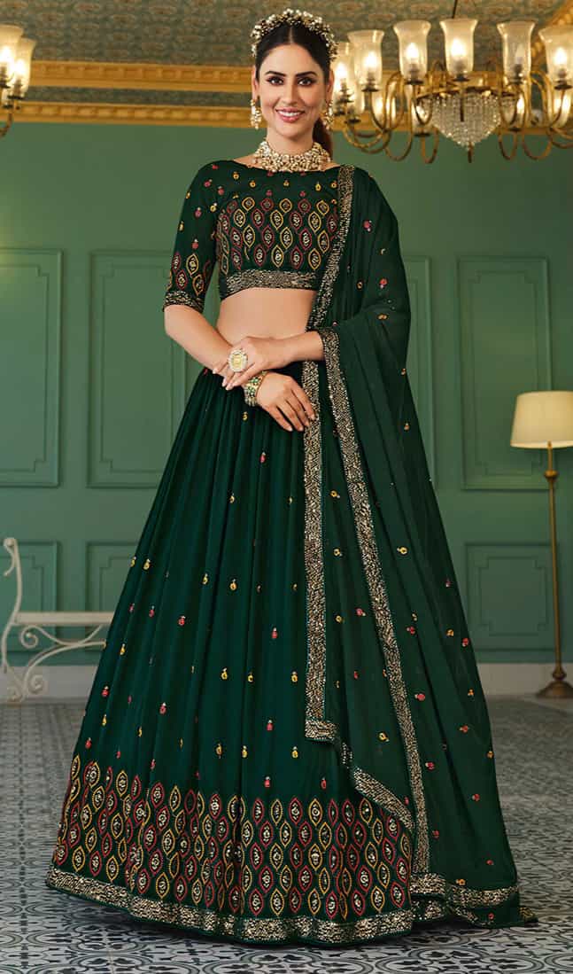 Flared dark green Lehenga with Sequins