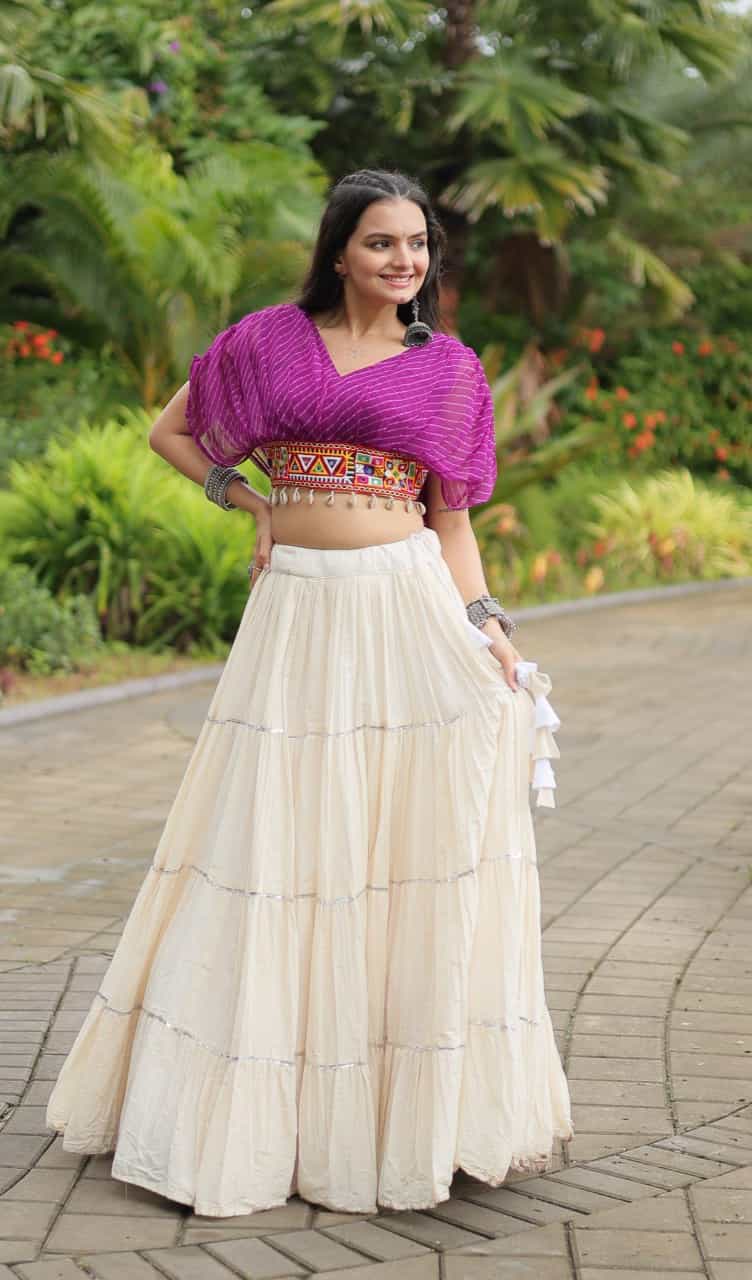 Ethnic lehenga set with kutchi patchwork and pleated sleeves