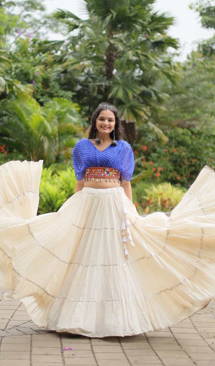 Kora cotton lehenga with frill stitching and pleated sleeves