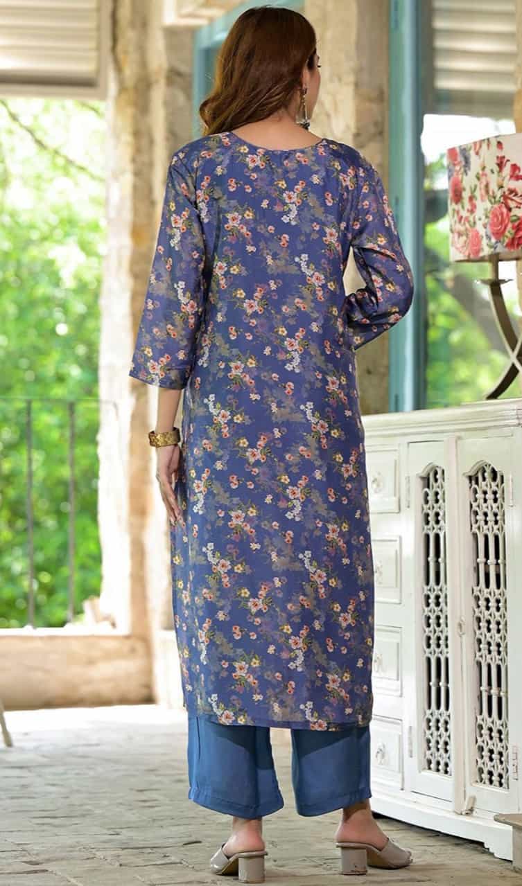 denim blue floral printed muslin kurta with three-quarter sleeves