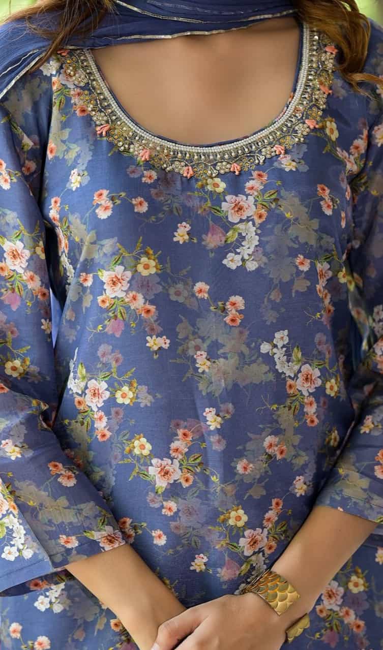floral printed denim blue muslin kurta with one pocket and beads detail
