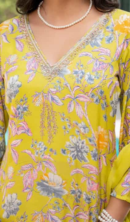 yellow floral muslin kurta with chiffon dupatta for festive wear