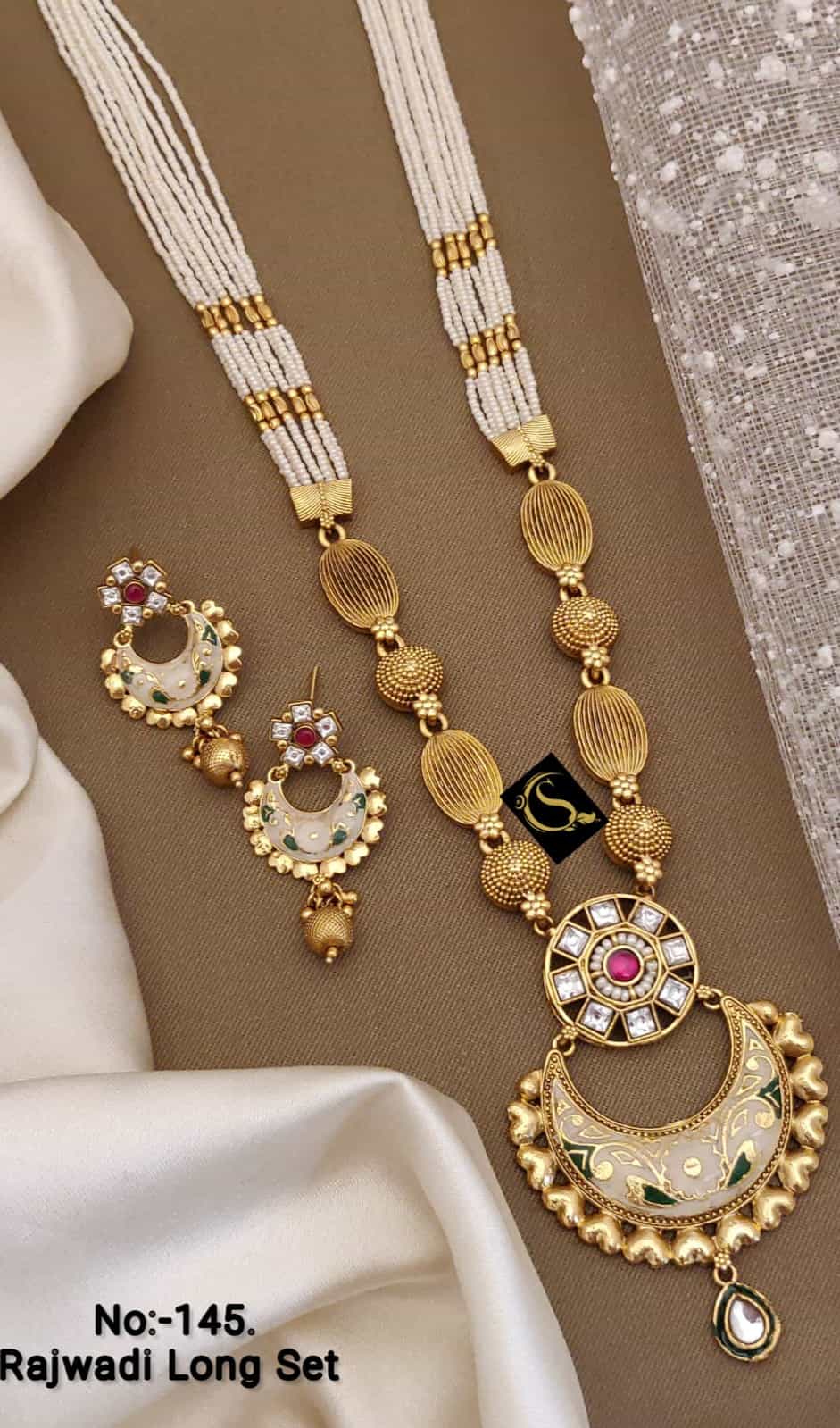 Rajwadi Long Necklace & Earrings in Gold Finish