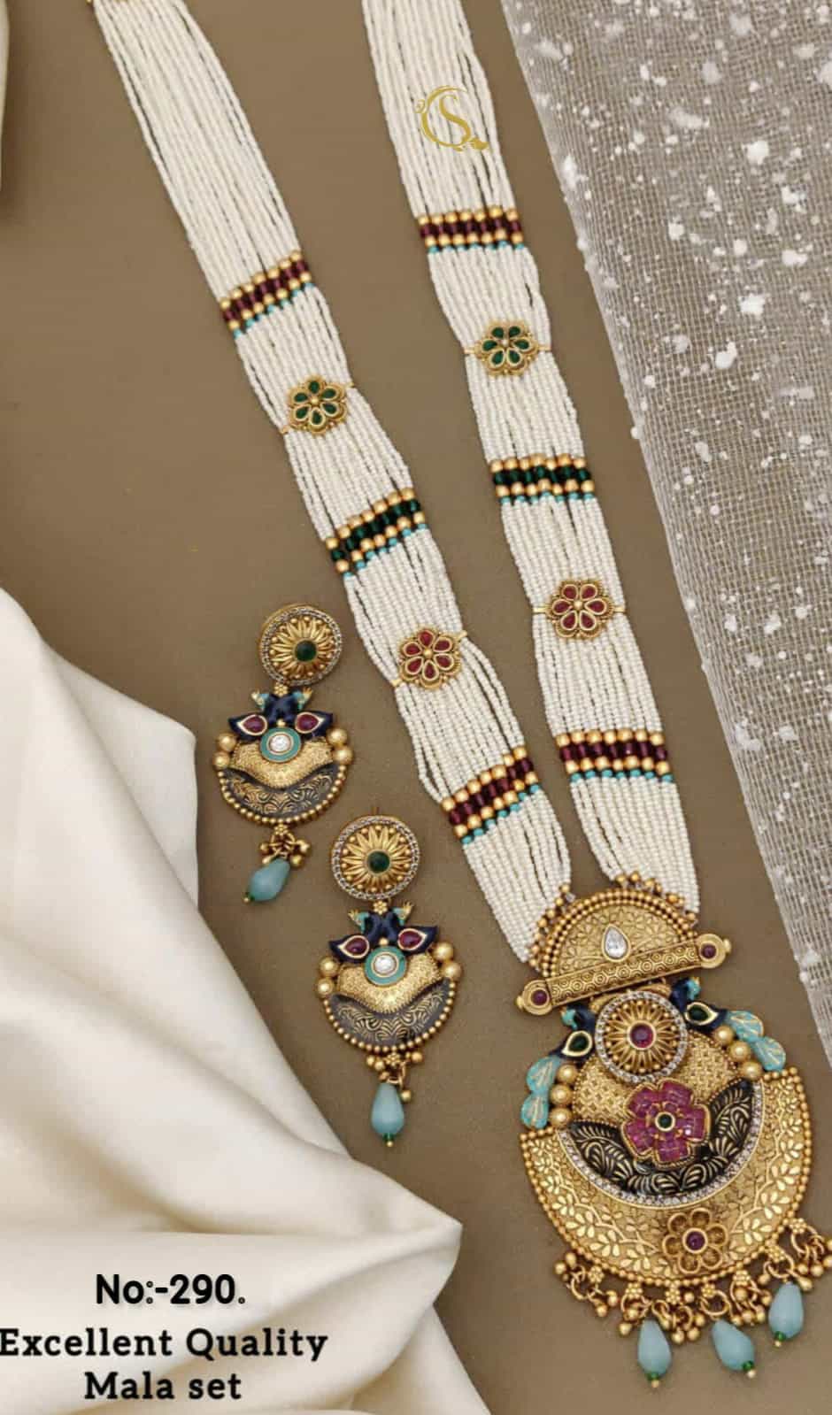 Traditional Rajwadi Long Necklace Set in Golden Finish