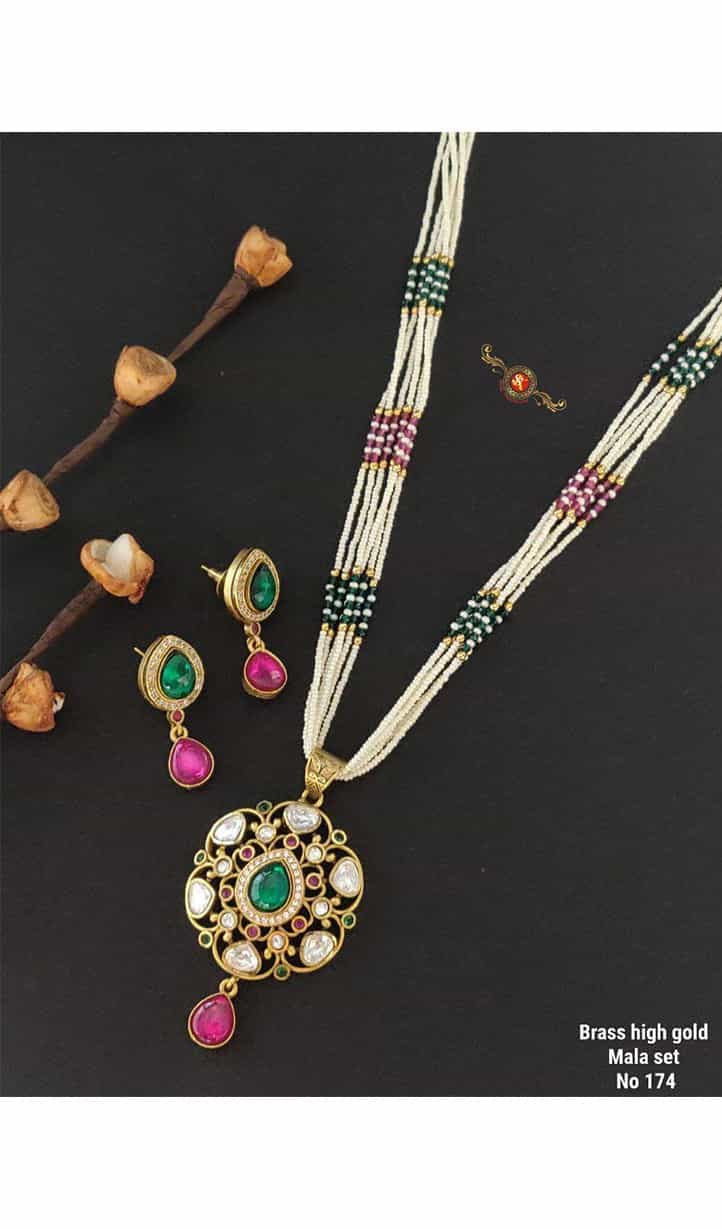 Antique brass gold mala necklace with earrings