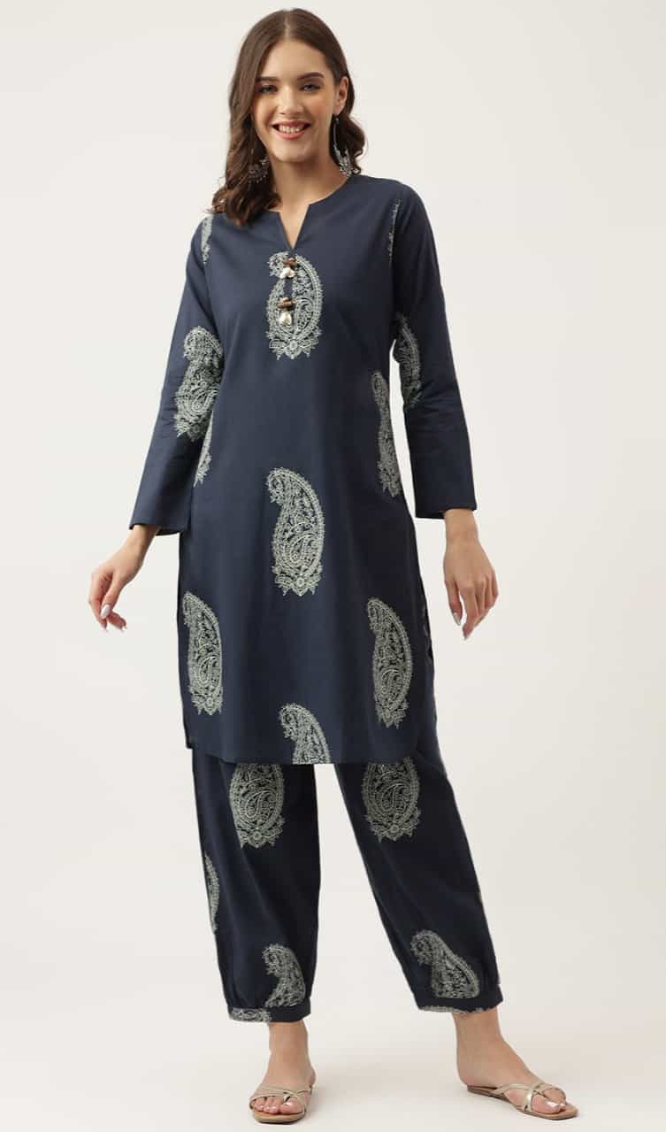 printed patiala with oxford blue cotton kurti