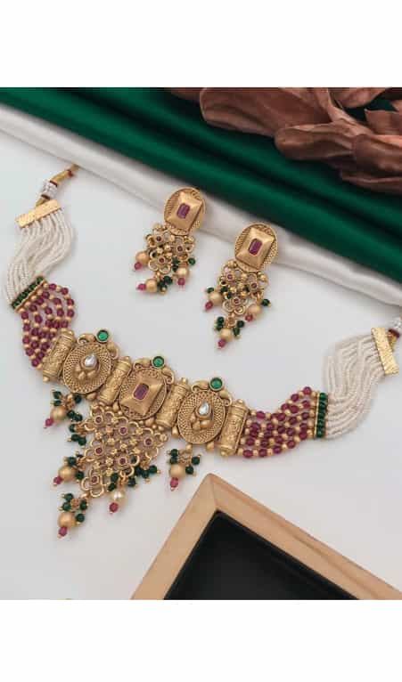 Gold-plated Rajwadi necklace and earrings for ethnic elegance