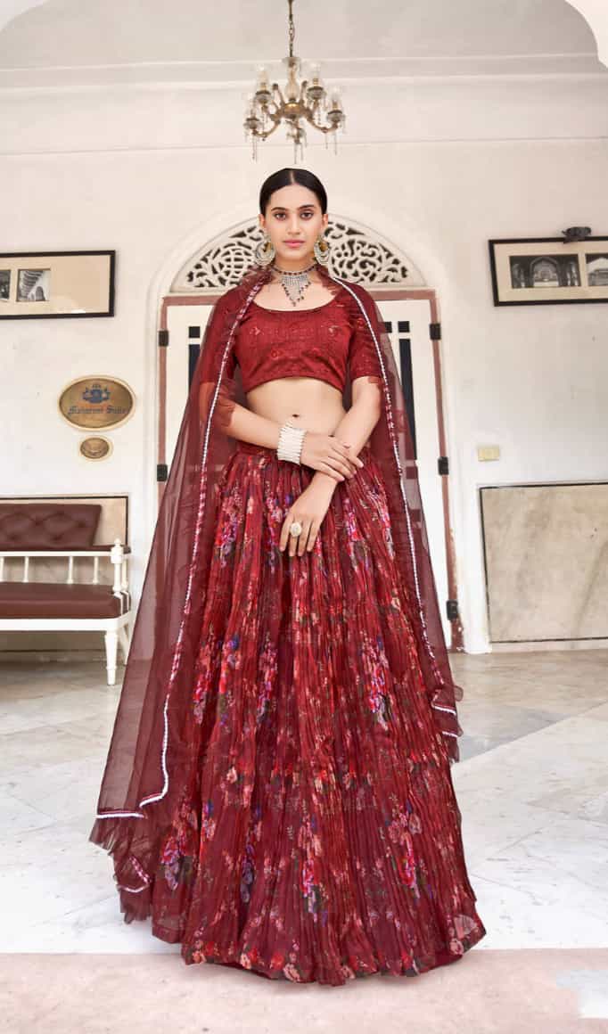 unstitched maroon lehenga with embroidered sequence work