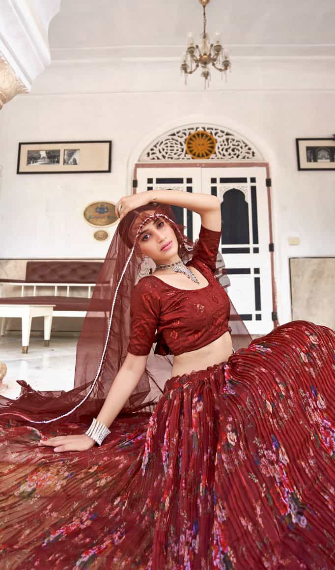 maroon lehenga with embroidery and sequence work