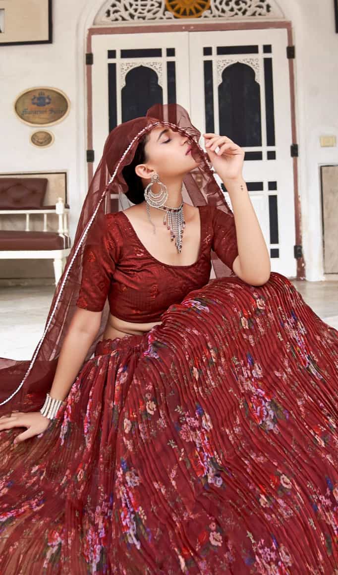 maroon lehenga with beautiful embroidery and sequence
