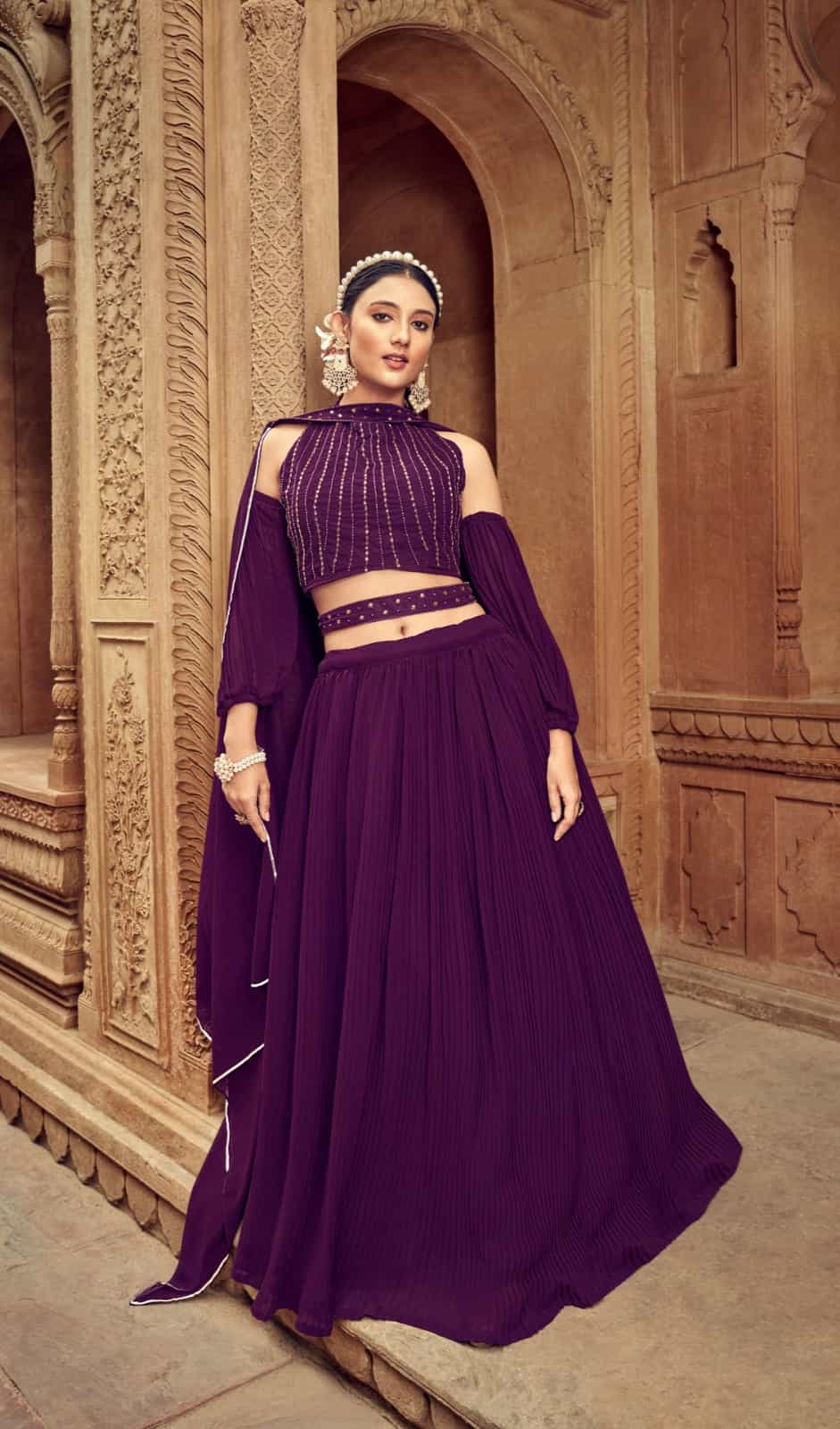 wine lehenga with beautiful handwork for parties