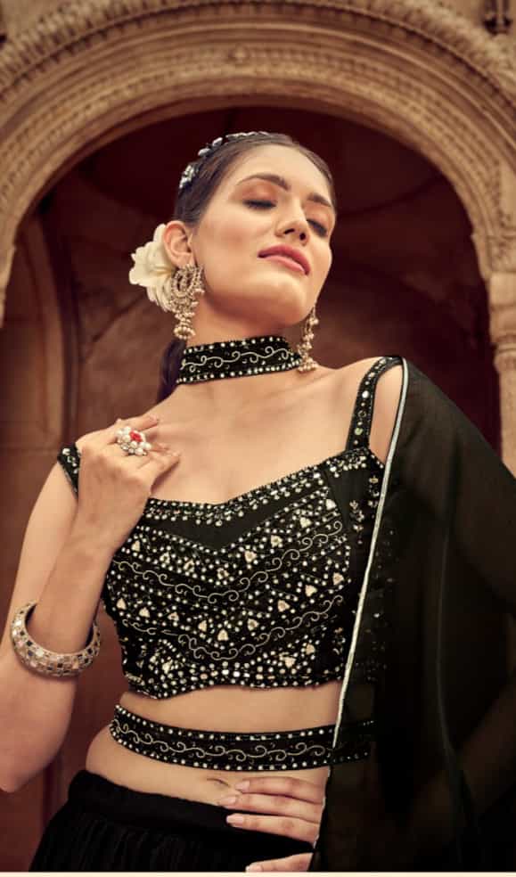 handwork detailing on black faux georgette lehenga