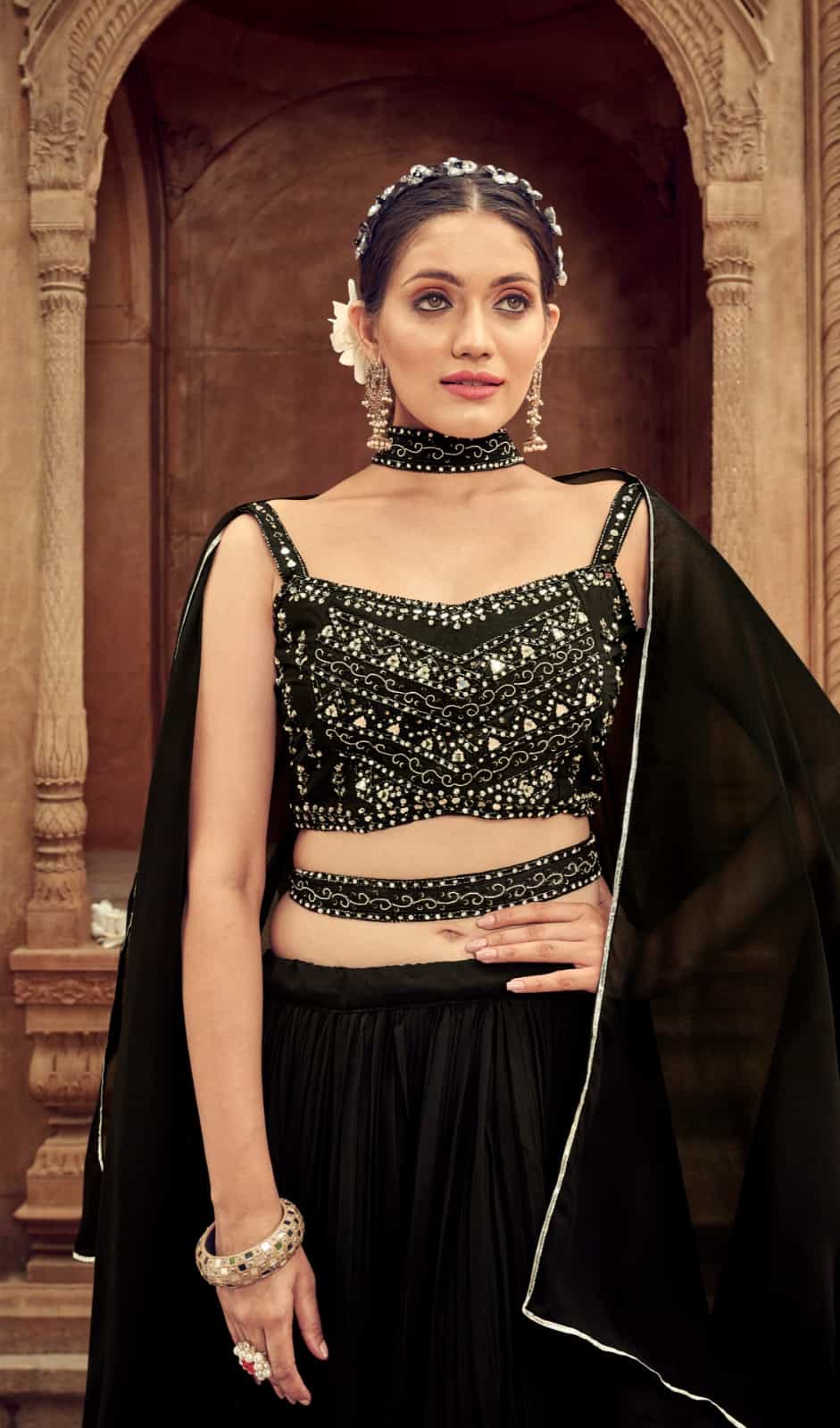 black faux georgette lehenga unstitched set