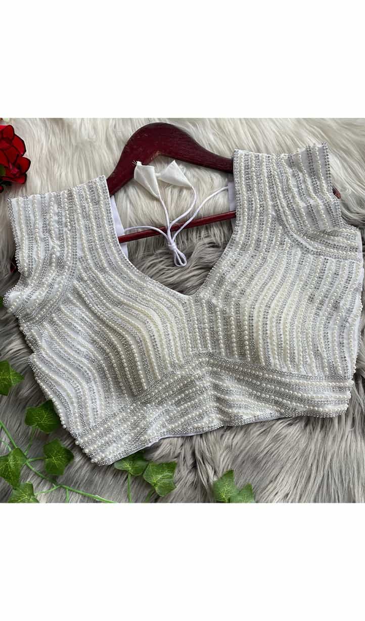 White Pearl Work Silk Blouse